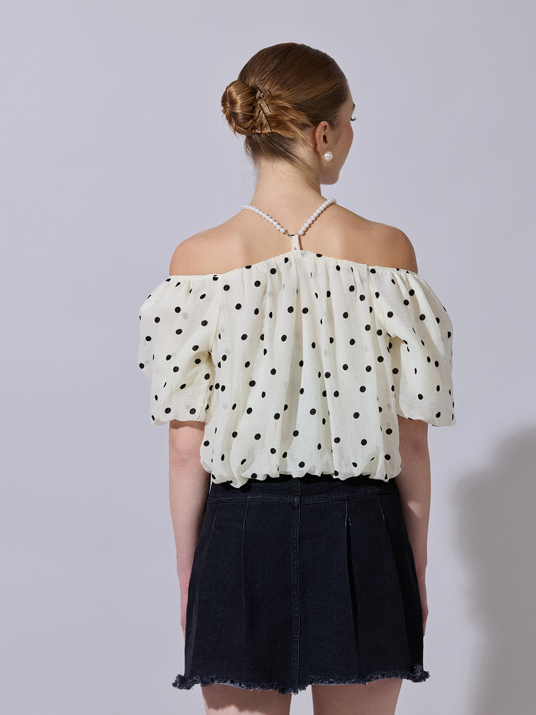 Women's Cream Polka Dot Off-Shoulder Top