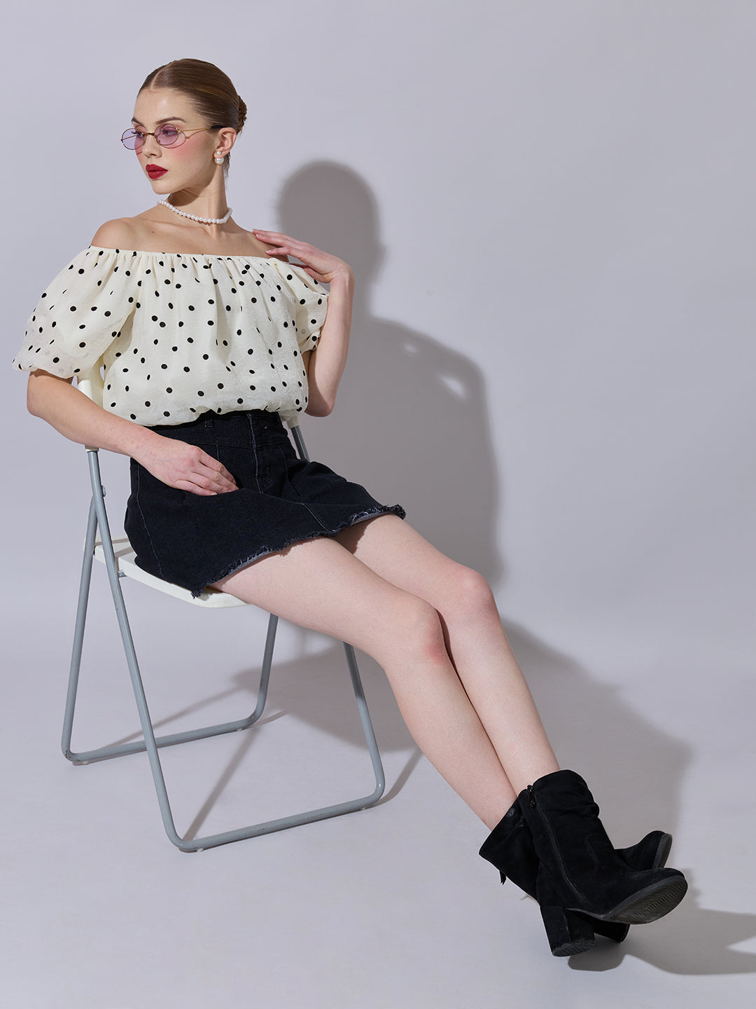 Women's Cream Polka Dot Off-Shoulder Top
