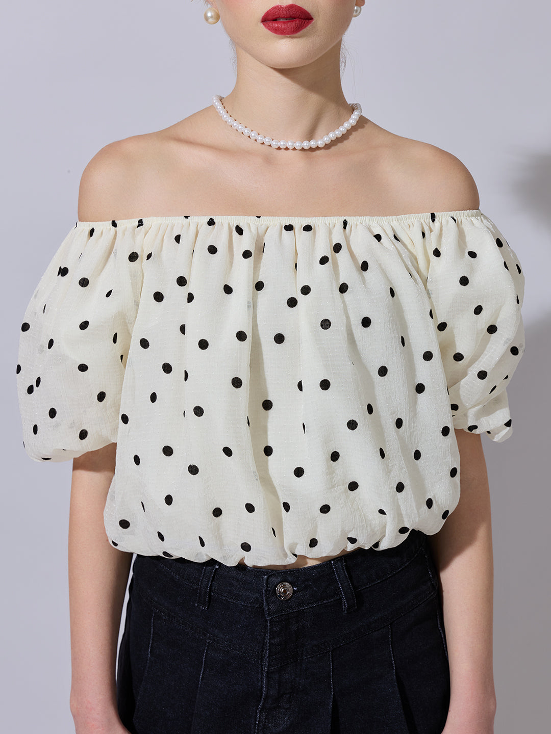 Women's Cream Polka Dot Off-Shoulder Top