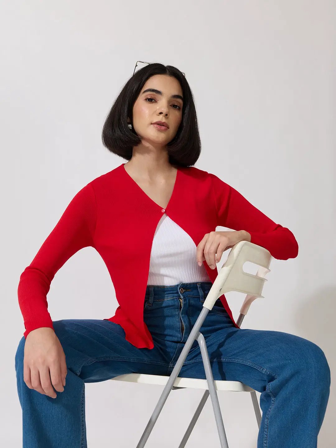 Women's Knitted Red Shrug with Button Detail - from SHOWOFFFF