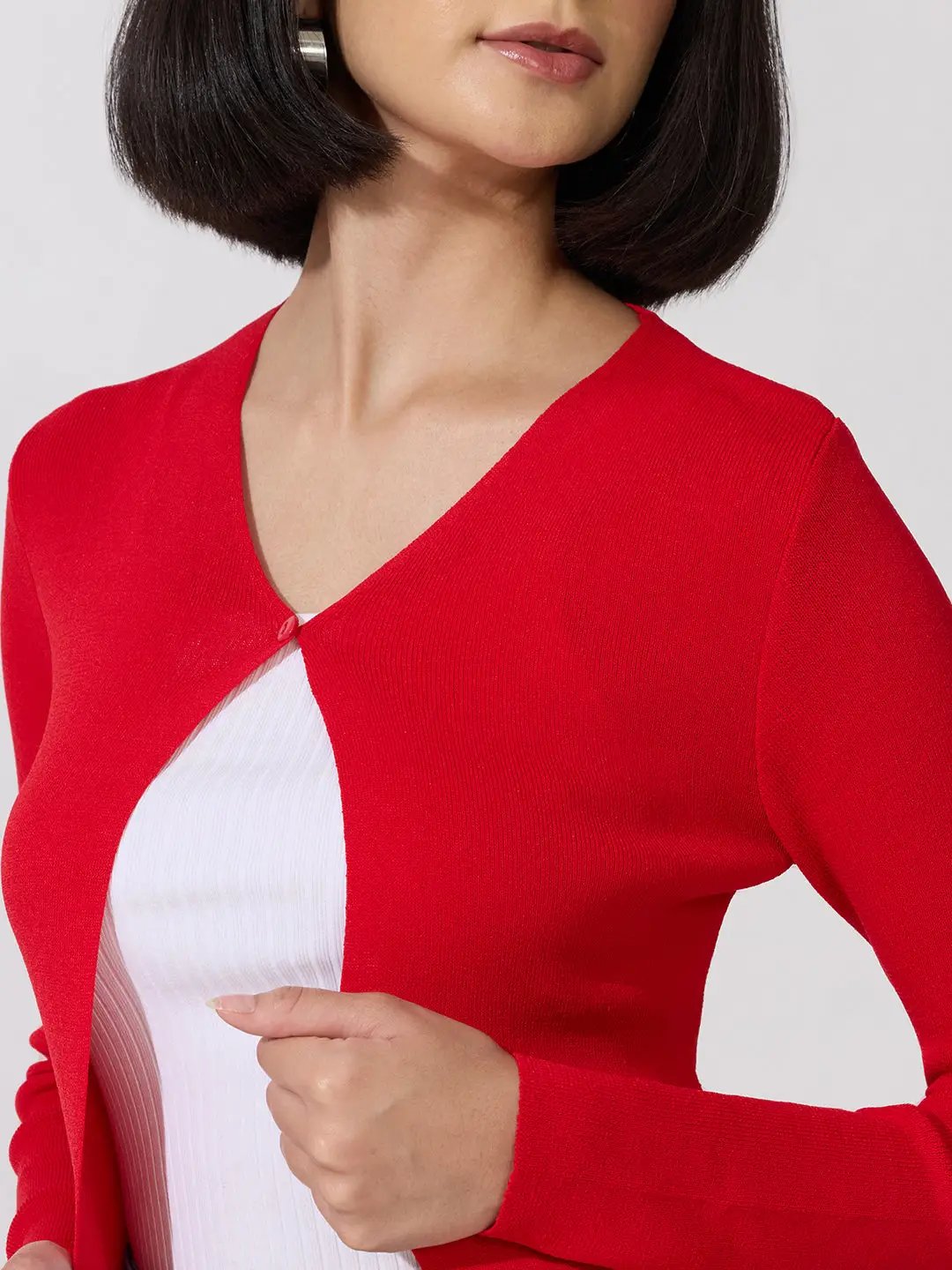 Women's Knitted Red Shrug with Button Detail - from SHOWOFFFF