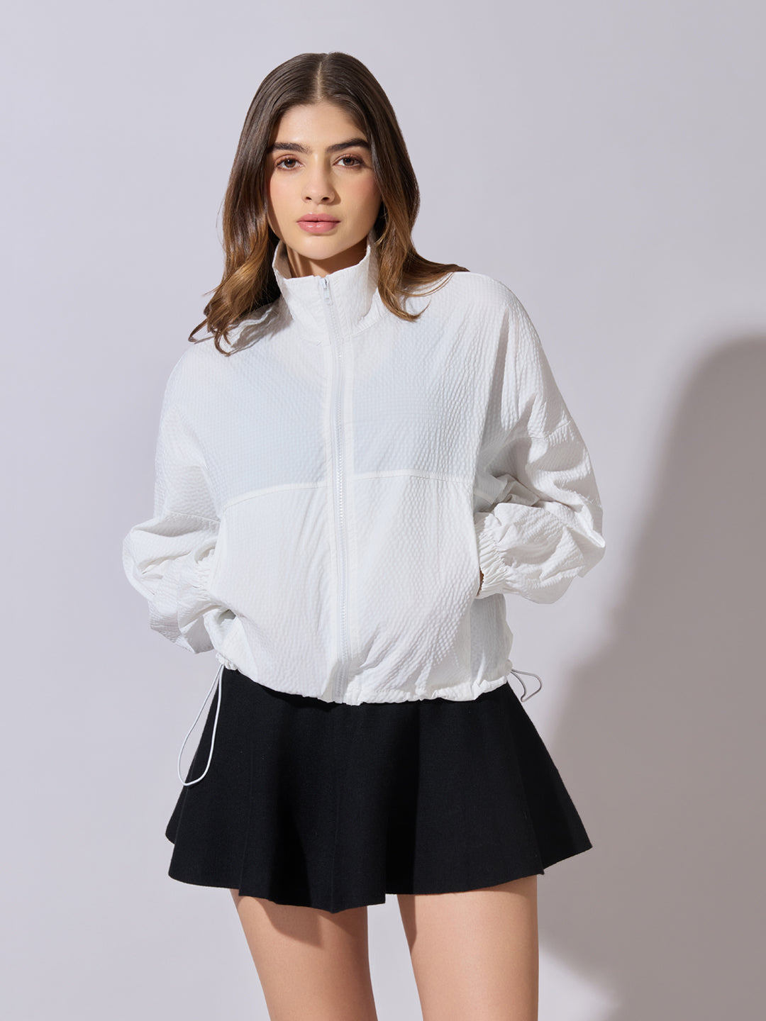 Women's Textured White High-Neck Zip-Up Jacket