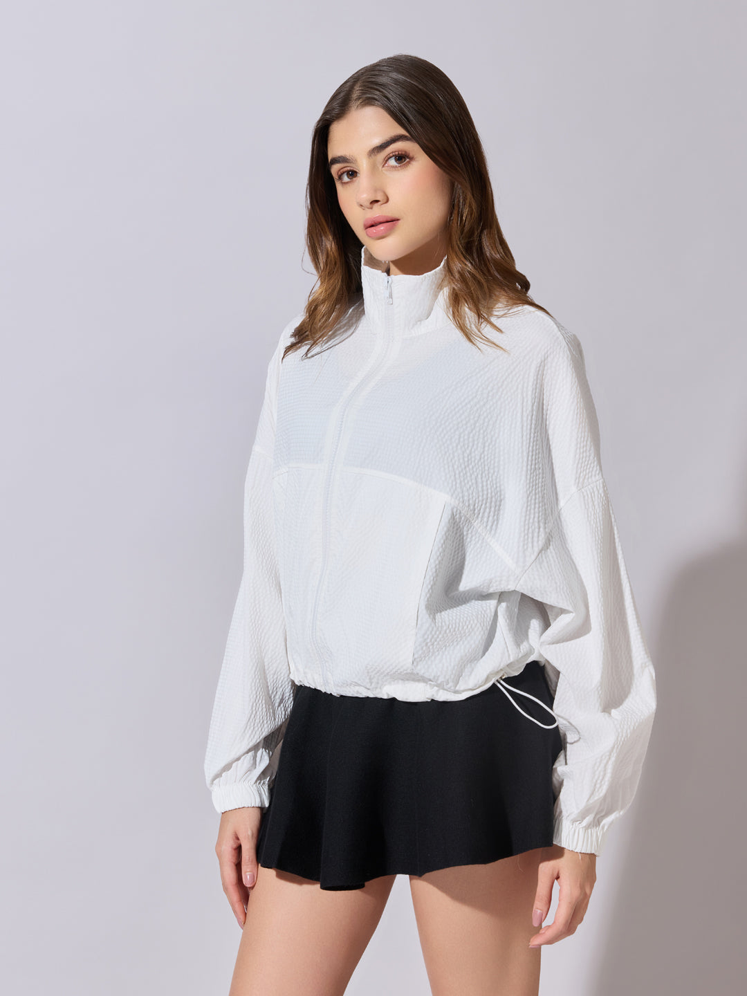 Women's Textured White High-Neck Zip-Up Jacket