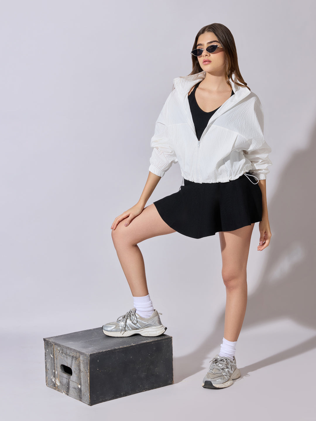 Women's Textured White High-Neck Zip-Up Jacket
