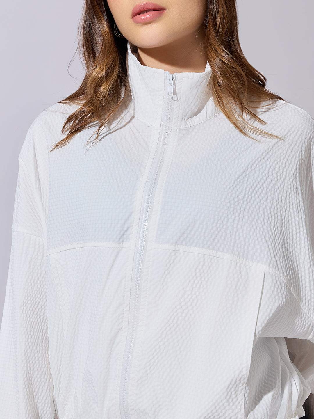 Women's Textured White High-Neck Zip-Up Jacket