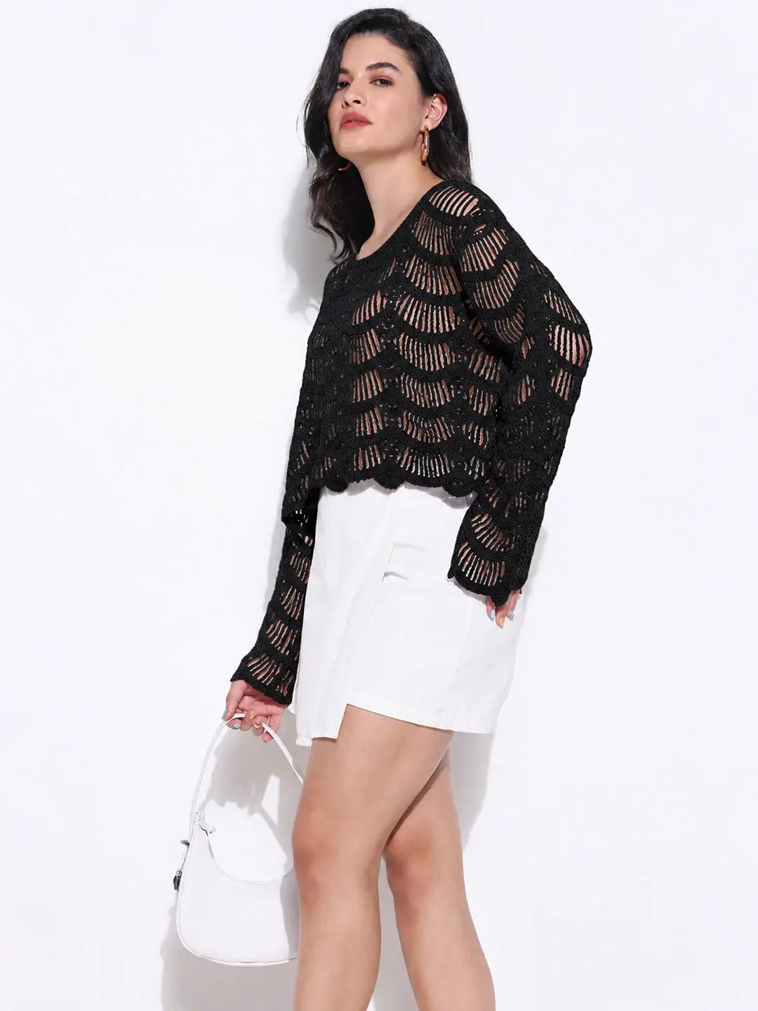 Women's Black Crochet Top with Scalloped Hem
