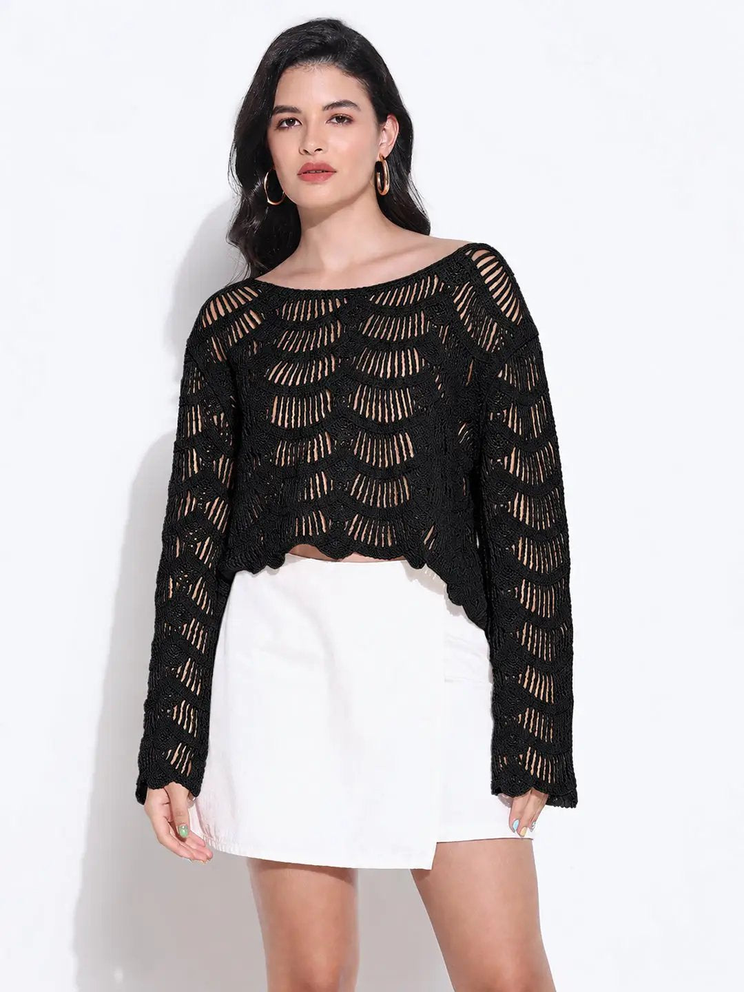 Women's Black Crochet Top with Scalloped Hem