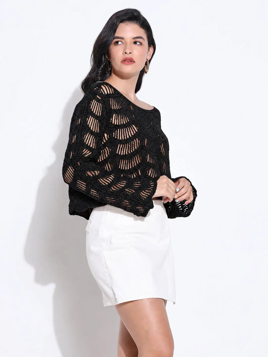Women's Black Crochet Top with Scalloped Hem