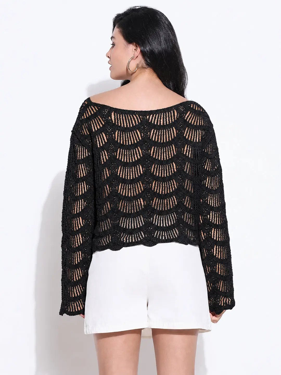 Women's Black Crochet Top with Scalloped Hem