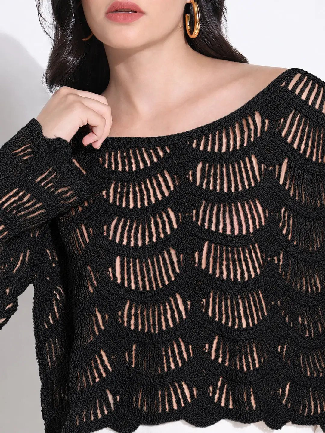 Women's Black Crochet Top with Scalloped Hem
