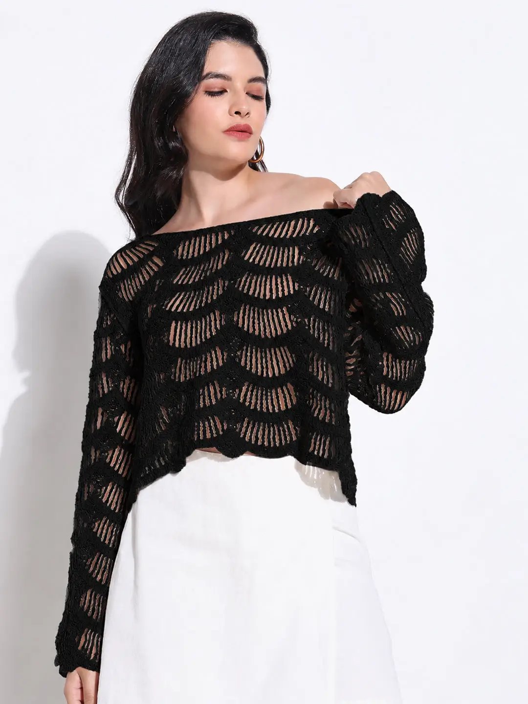 Women's Black Crochet Top with Scalloped Hem