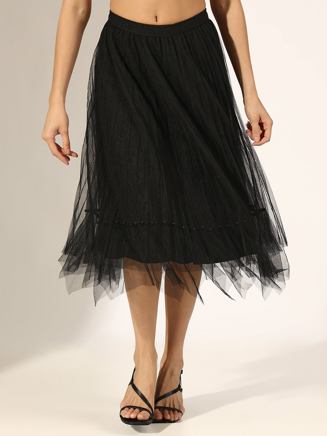 Women's Black Flared Net Midi Skirt
