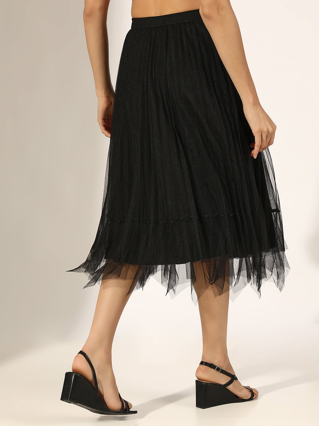 Women's Black Flared Net Midi Skirt
