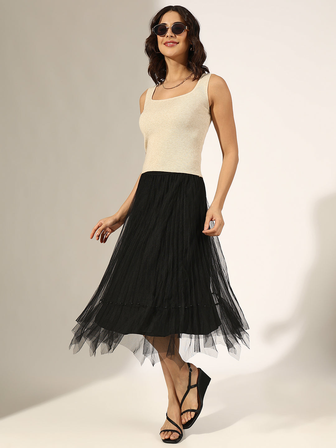 Women's Black Flared Net Midi Skirt
