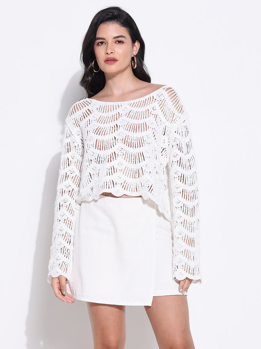 Women's White Crochet Top with Scalloped Hem