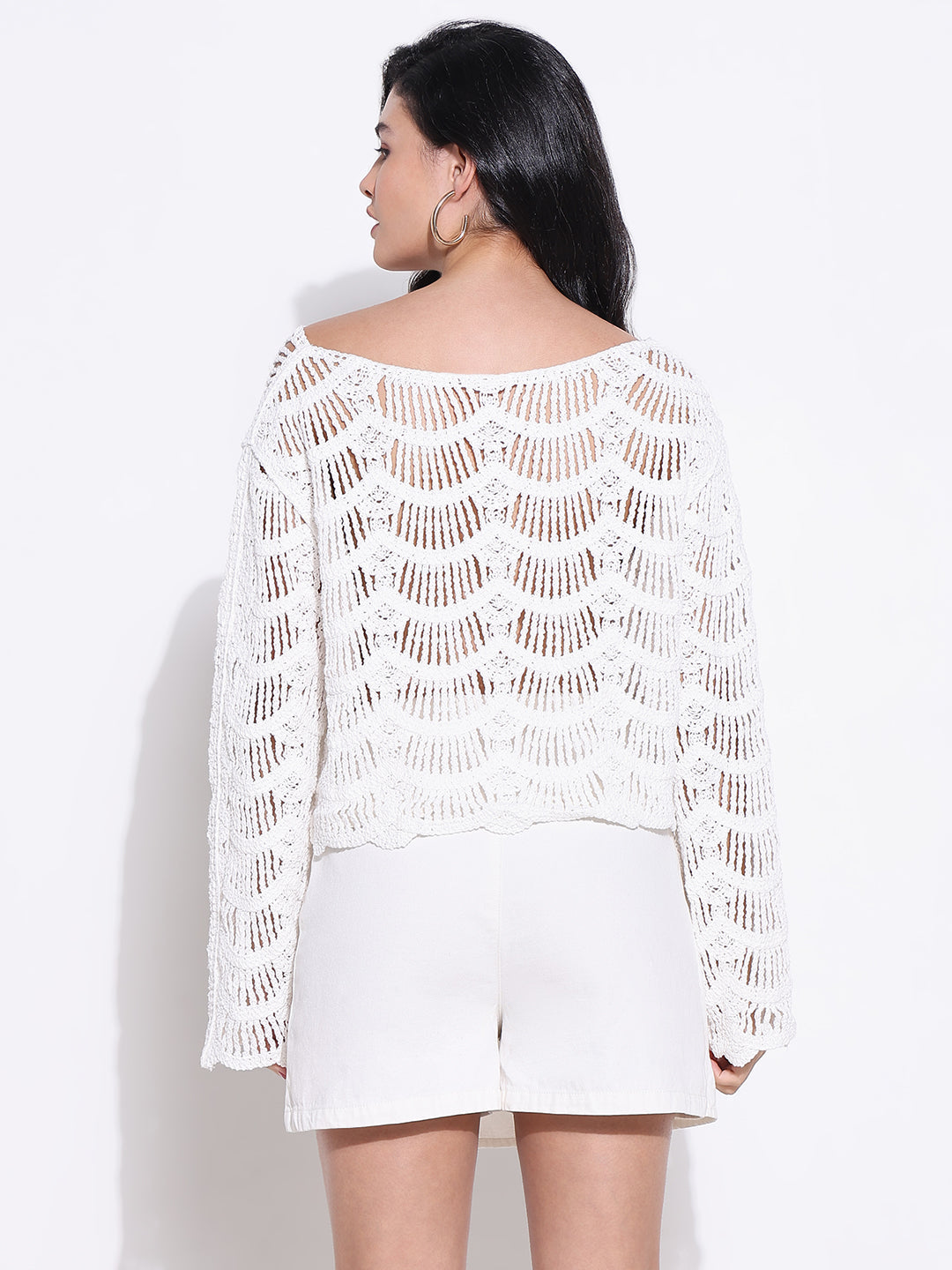 Women's White Crochet Top with Scalloped Hem
