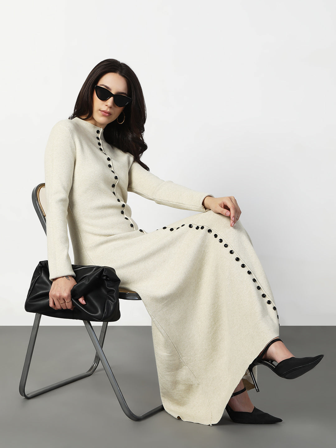 Women's Beige Long Sleeve Maxi Dress with Front Button Detail