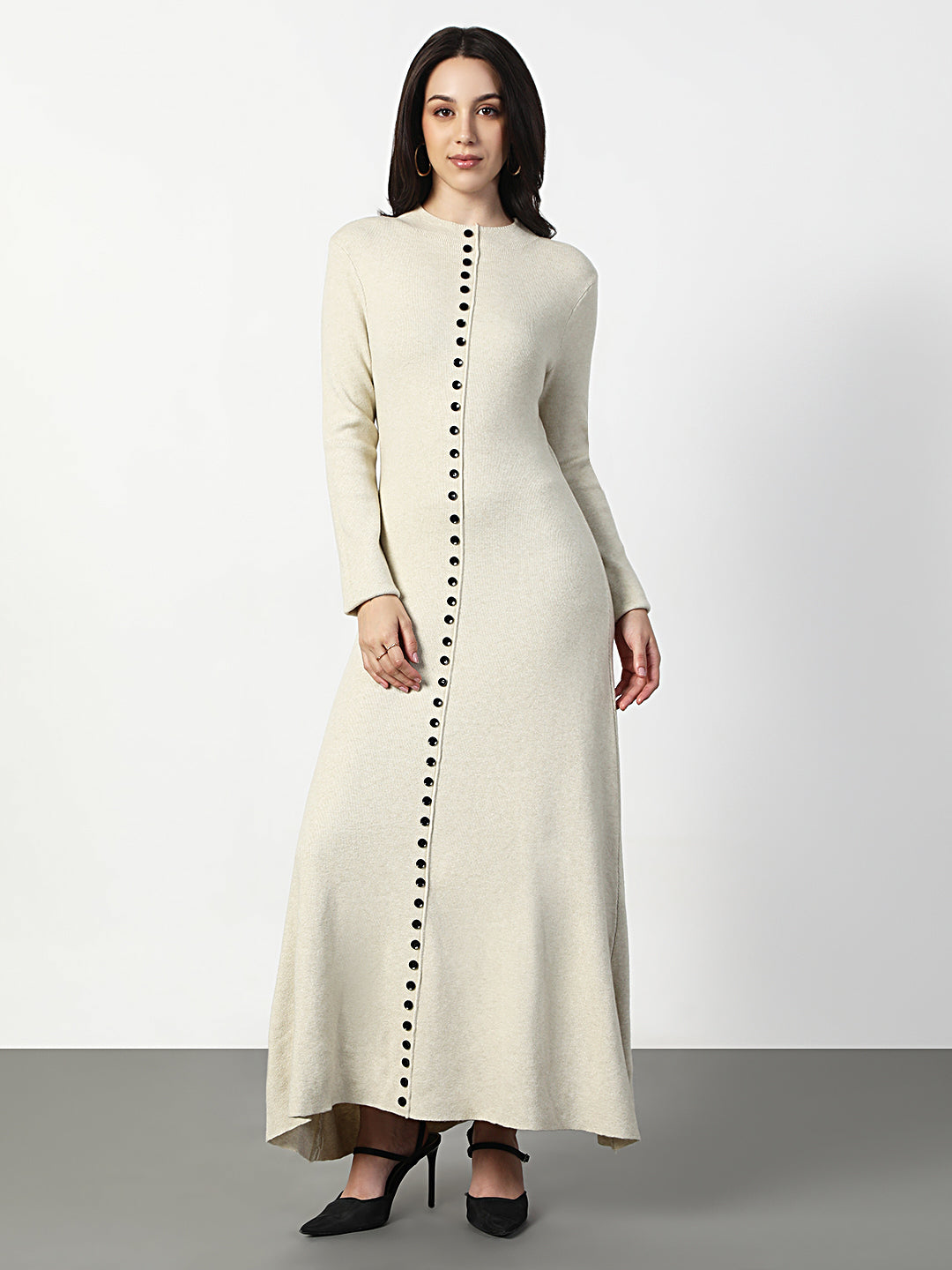 Women's Beige Long Sleeve Maxi Dress with Front Button Detail