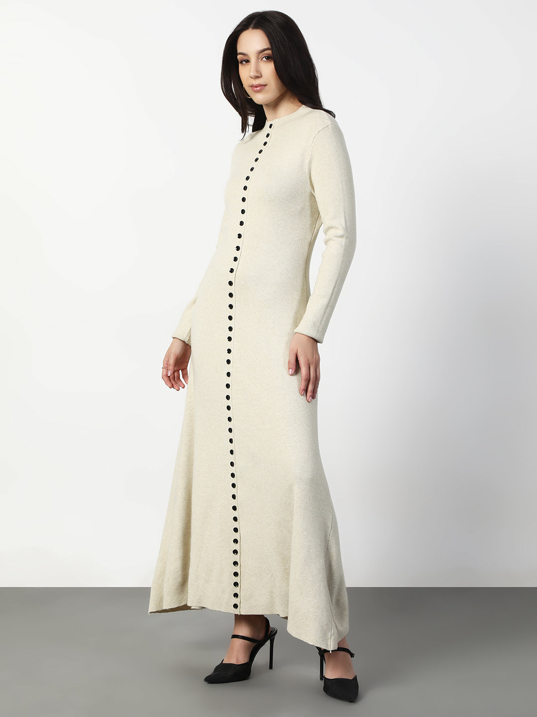 Women's Beige Long Sleeve Maxi Dress with Front Button Detail