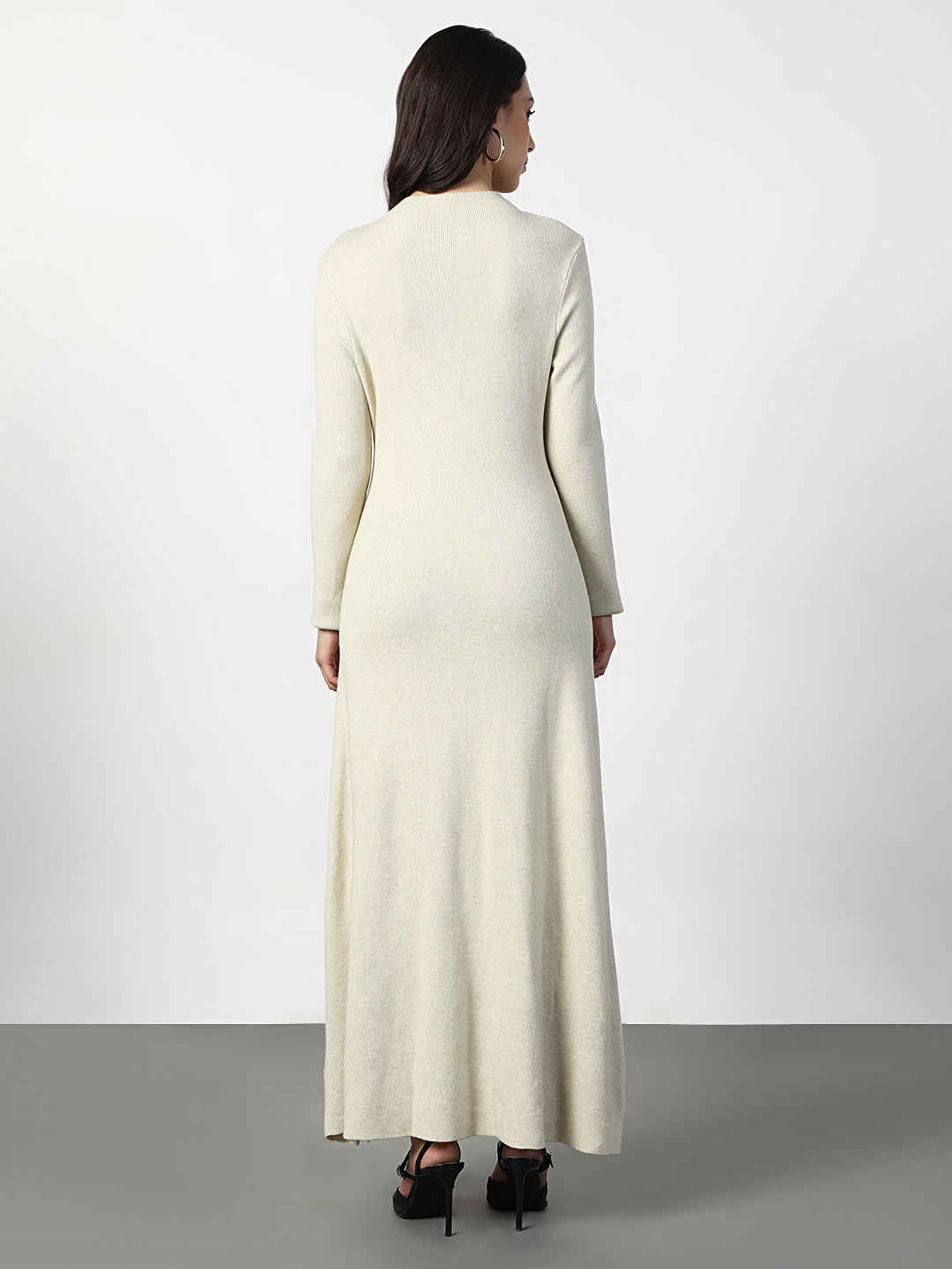 Women's Beige Long Sleeve Maxi Dress with Front Button Detail