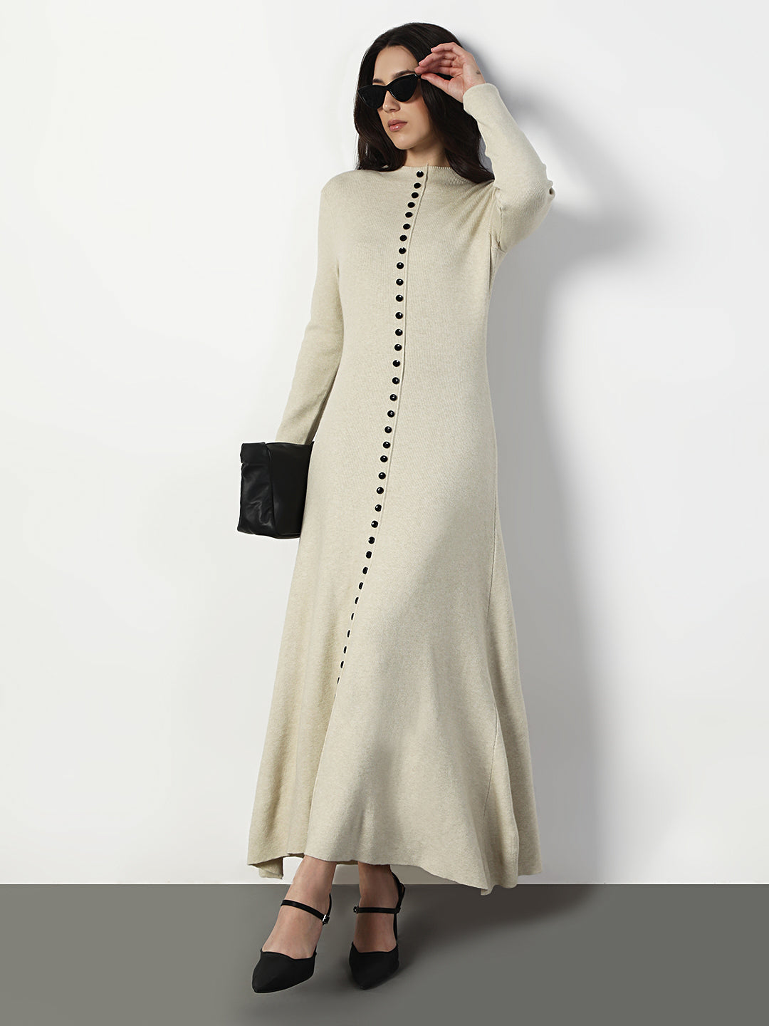 Women's Beige Long Sleeve Maxi Dress with Front Button Detail