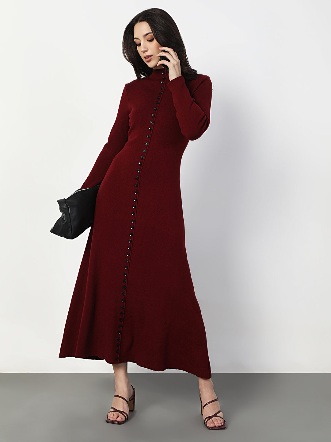 Women's Maroon Long Sleeve Maxi Dress with Front Button Detail