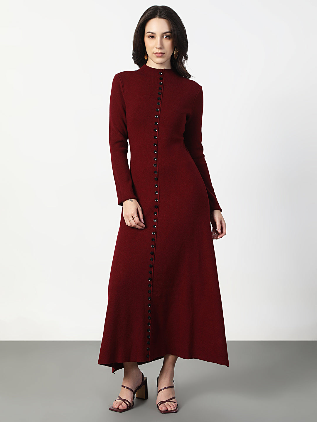 Women's Maroon Long Sleeve Maxi Dress with Front Button Detail