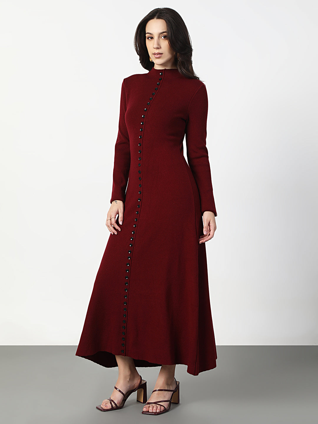 Women's Maroon Long Sleeve Maxi Dress with Front Button Detail