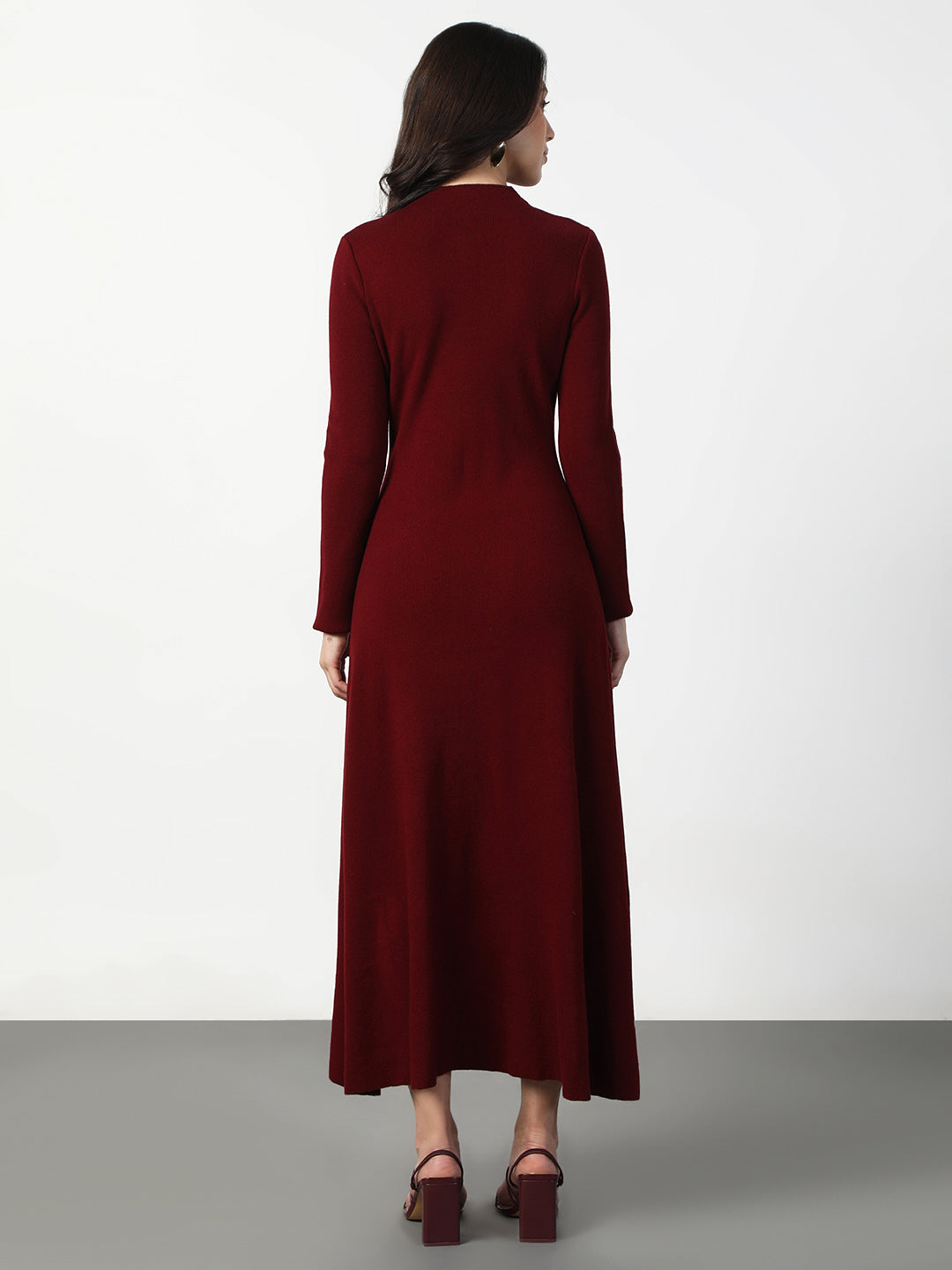 Women's Maroon Long Sleeve Maxi Dress with Front Button Detail