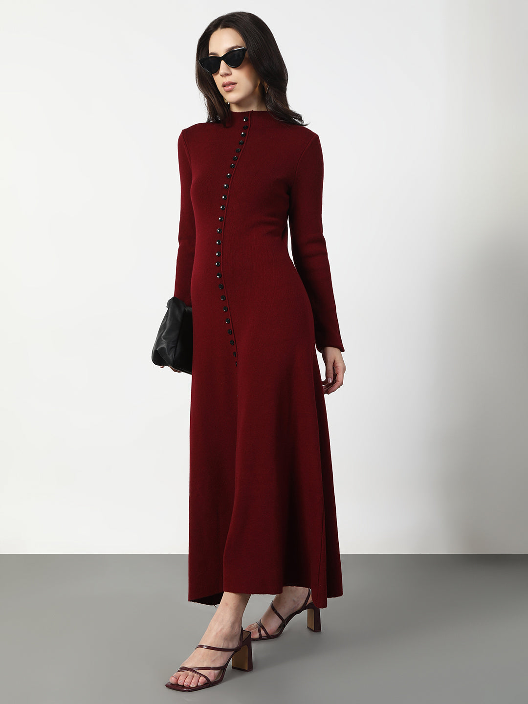 Women's Maroon Long Sleeve Maxi Dress with Front Button Detail