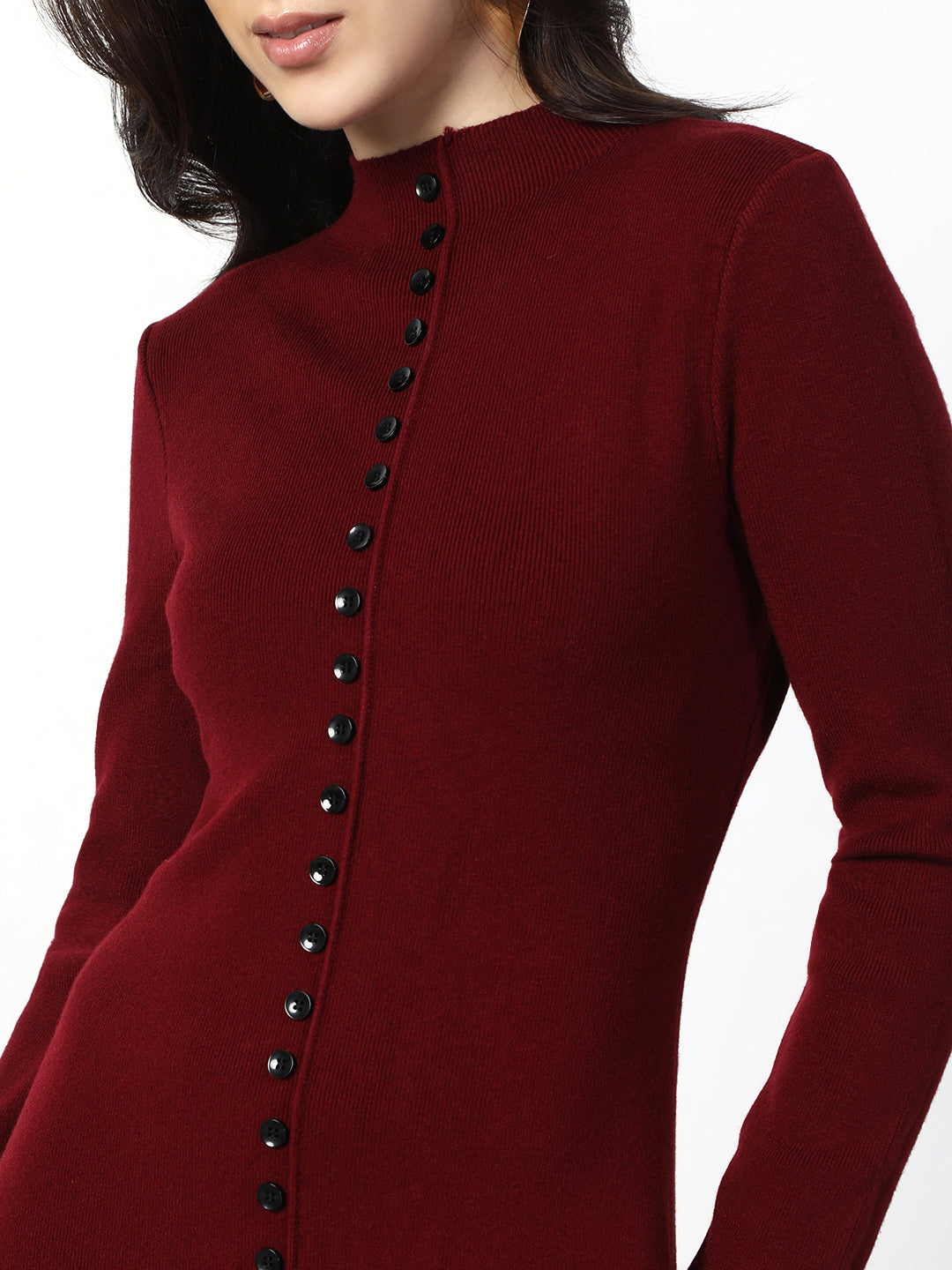 Women's Maroon Long Sleeve Maxi Dress with Front Button Detail