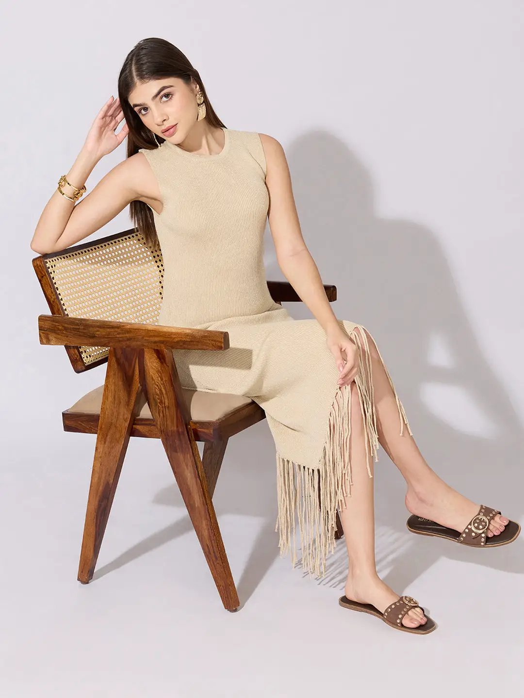 SHOWOFFFF Edition Women's Asymmetric Beige Midi Knit Dress with Fringe Hem SHOWOFFFF Edition Women's Asymmetric Beige Midi Knit Dress with Fringe Hem