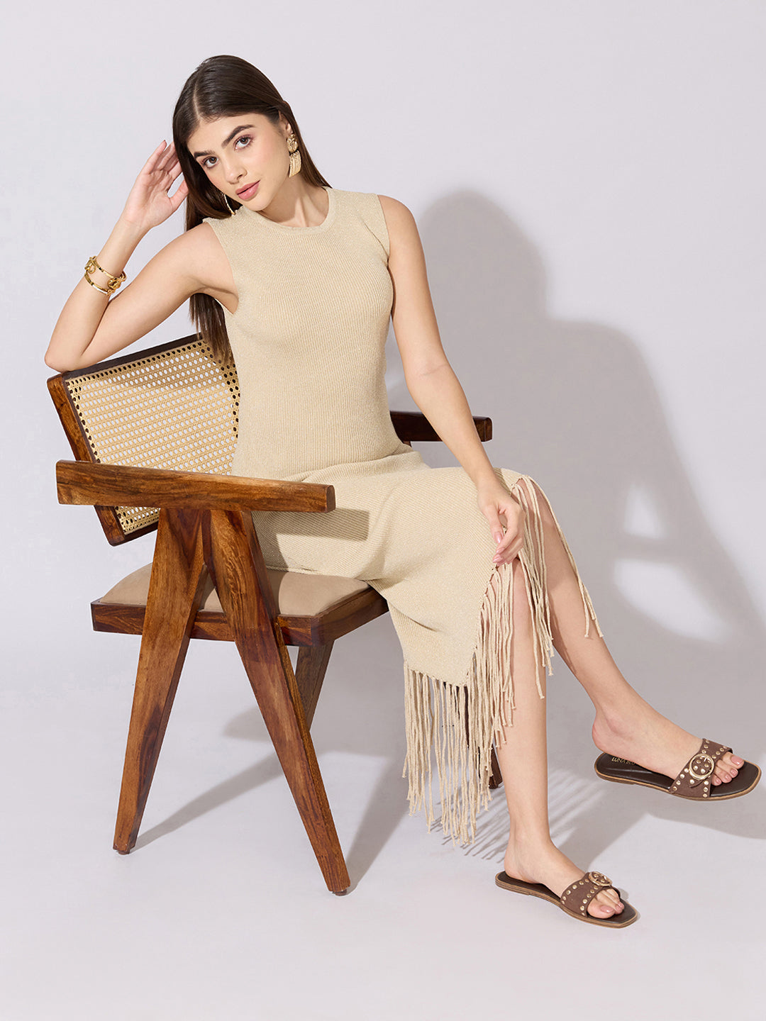 Women's Asymmetric Beige Midi Knit Dress with Fringe Hem