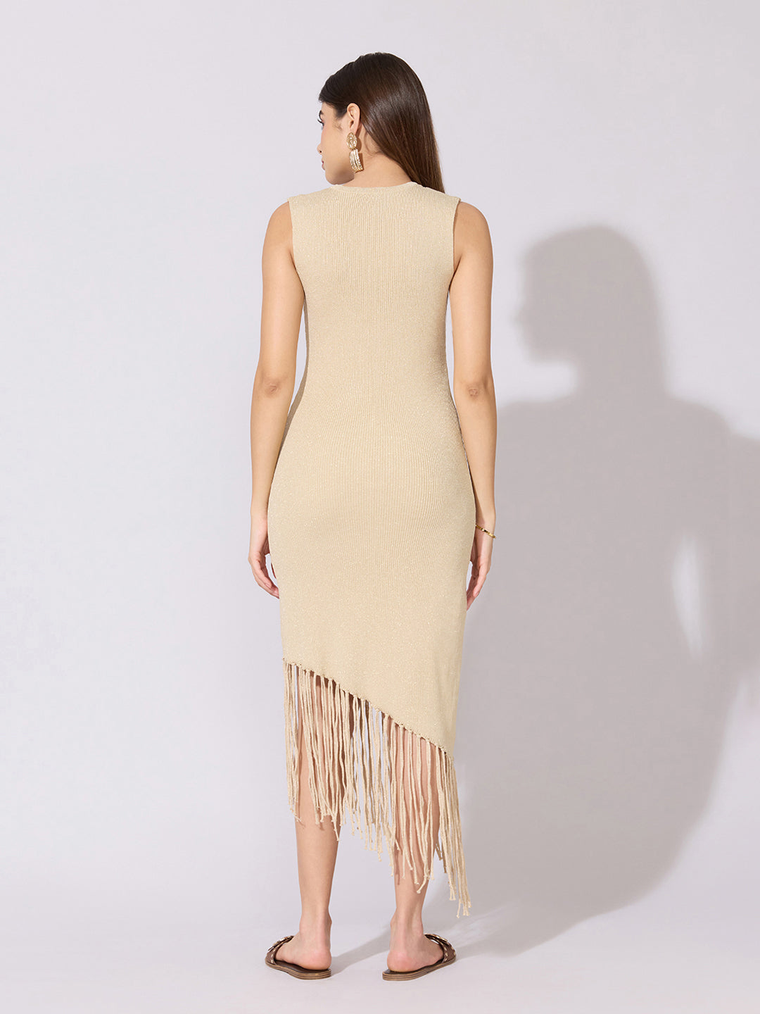 Women's Asymmetric Beige Midi Knit Dress with Fringe Hem