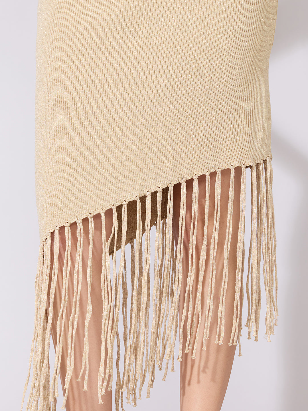 Women's Asymmetric Beige Midi Knit Dress with Fringe Hem