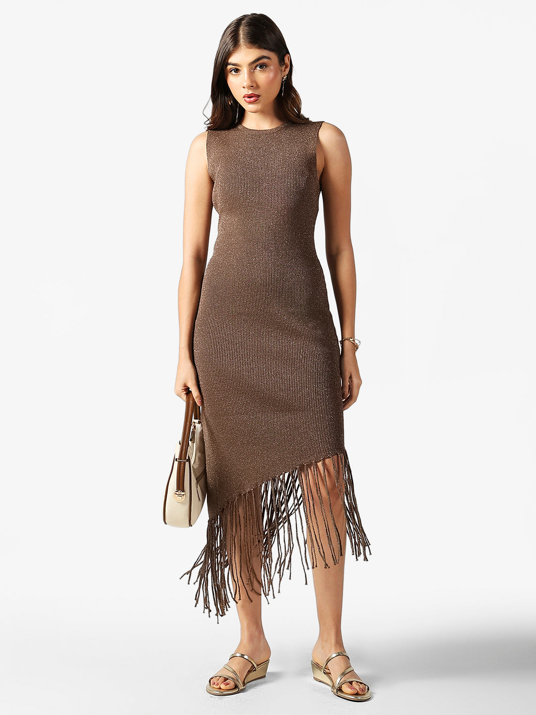 Women's Asymmetric Brown Midi Knit Dress with Fringe Hem