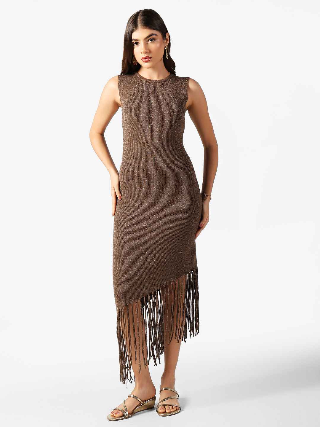 Women's Asymmetric Brown Midi Knit Dress with Fringe Hem