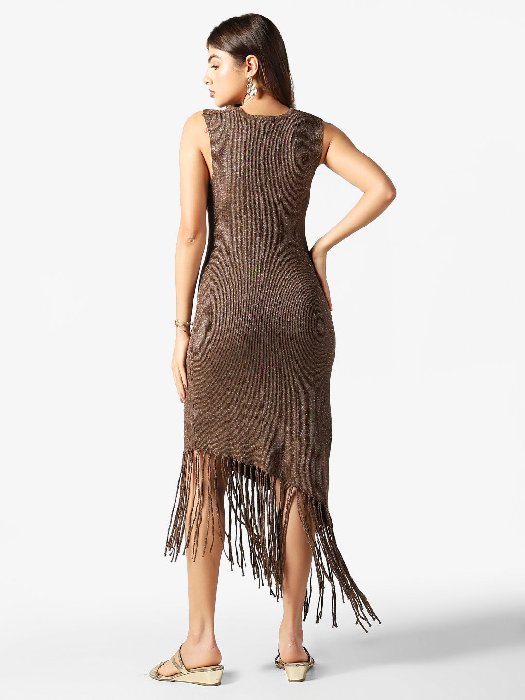 Women's Asymmetric Brown Midi Knit Dress with Fringe Hem