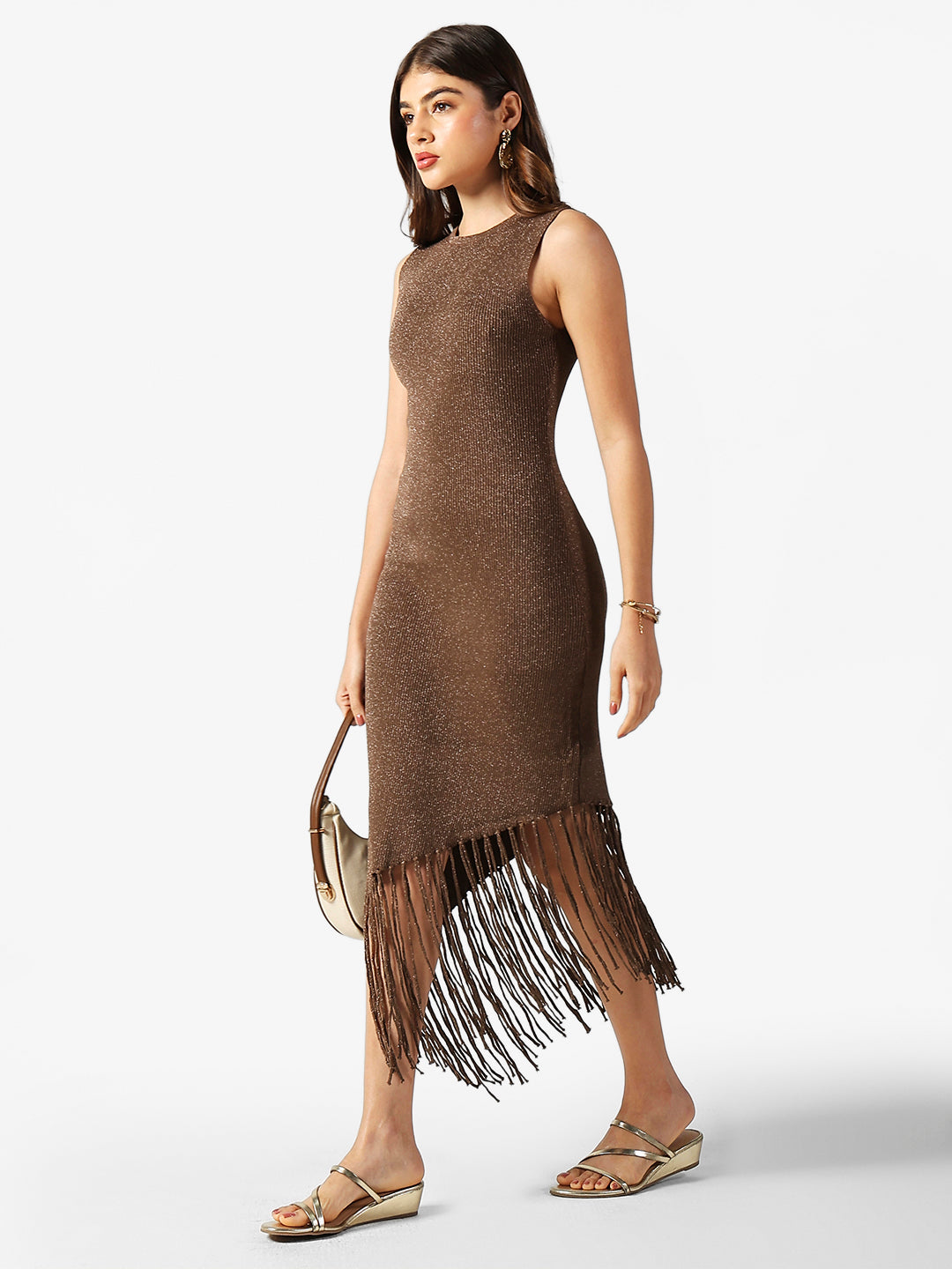 Women's Asymmetric Brown Midi Knit Dress with Fringe Hem