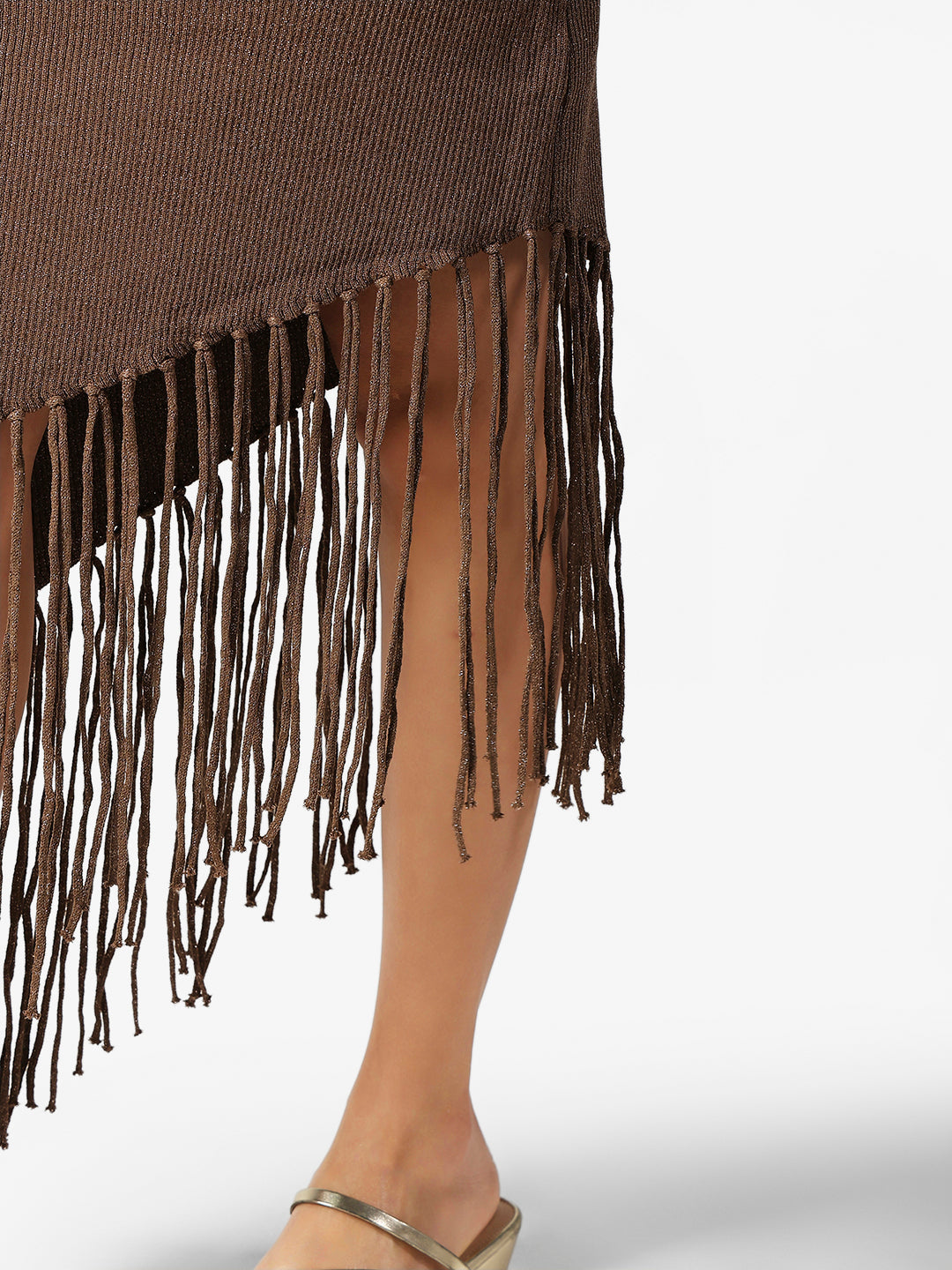 Women's Asymmetric Brown Midi Knit Dress with Fringe Hem