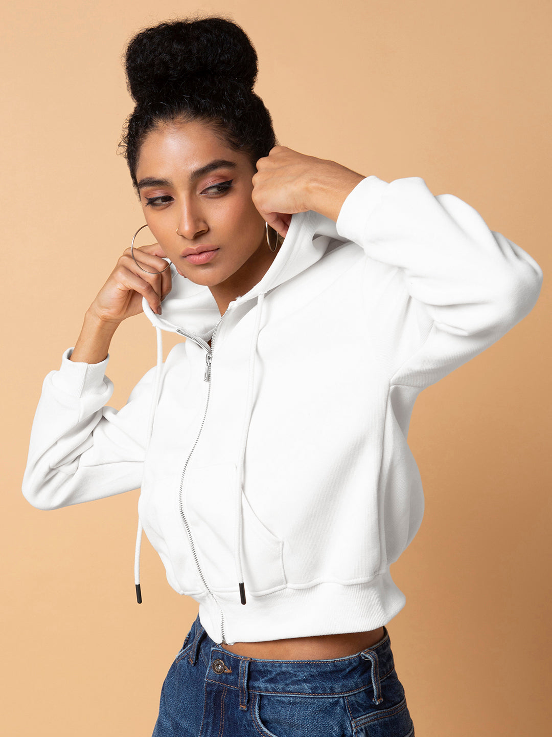 Women's White Long Sleeve Zip-up Hoodie