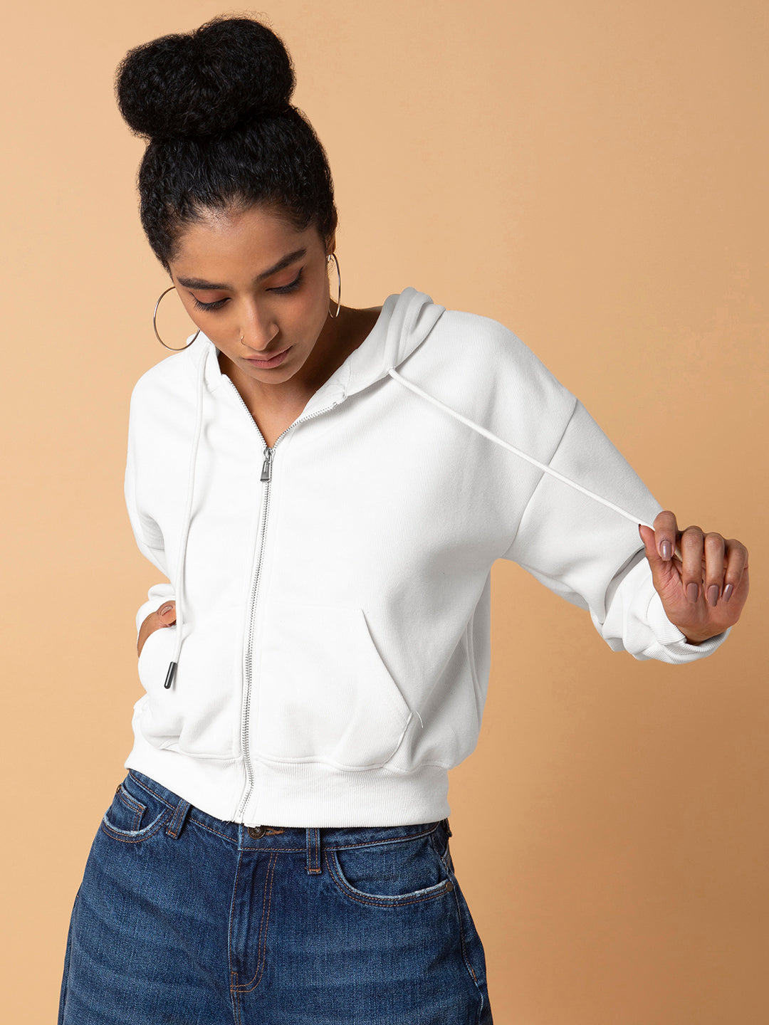 Women's White Long Sleeve Zip-up Hoodie