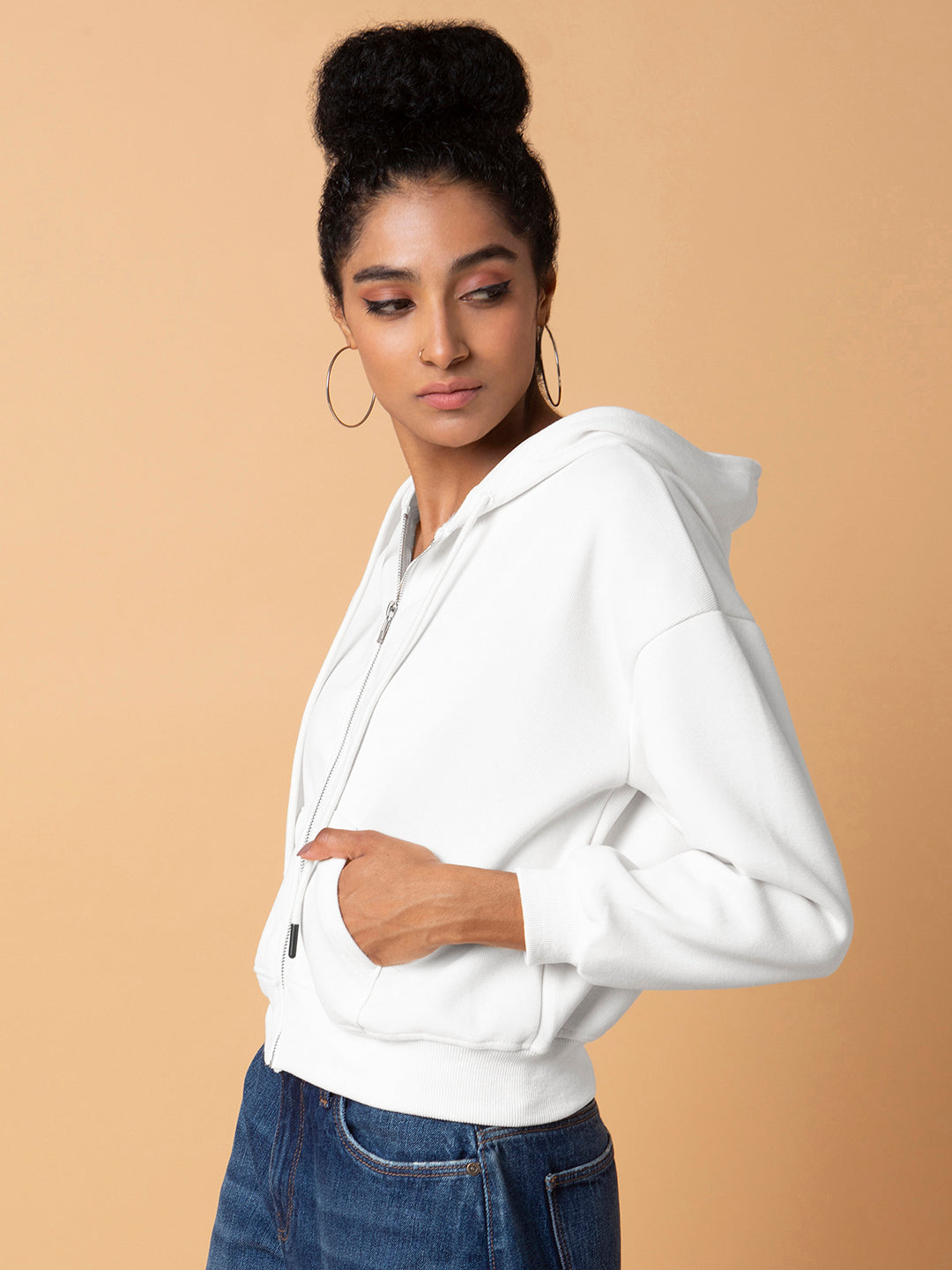 Women's White Long Sleeve Zip-up Hoodie