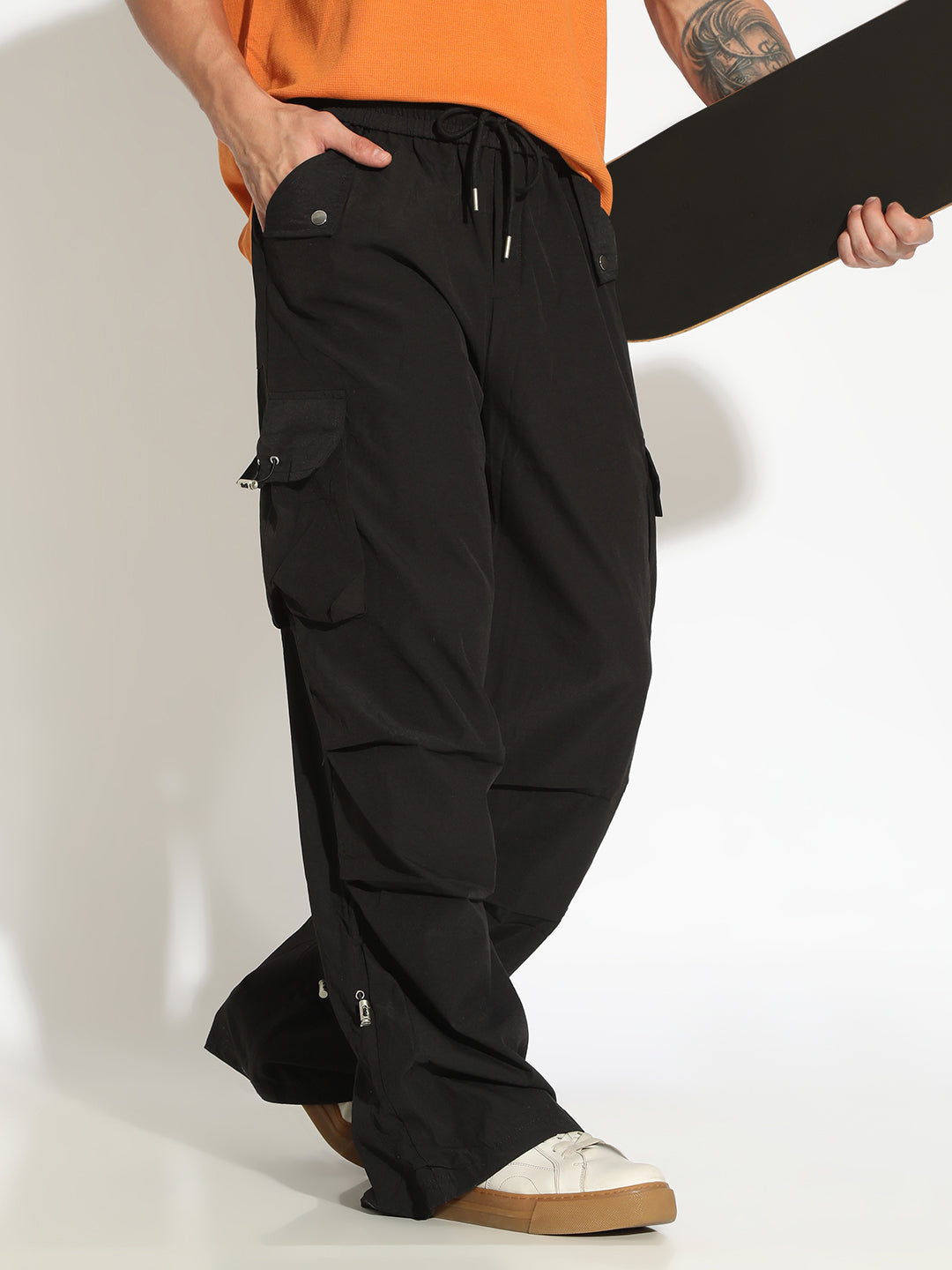 Men's Black Parachute Trousers with Cargo Pockets