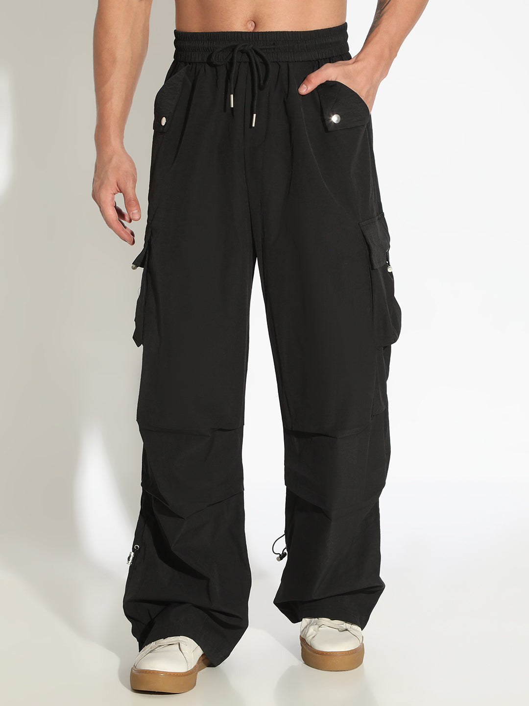 Men's Black Parachute Trousers with Cargo Pockets
