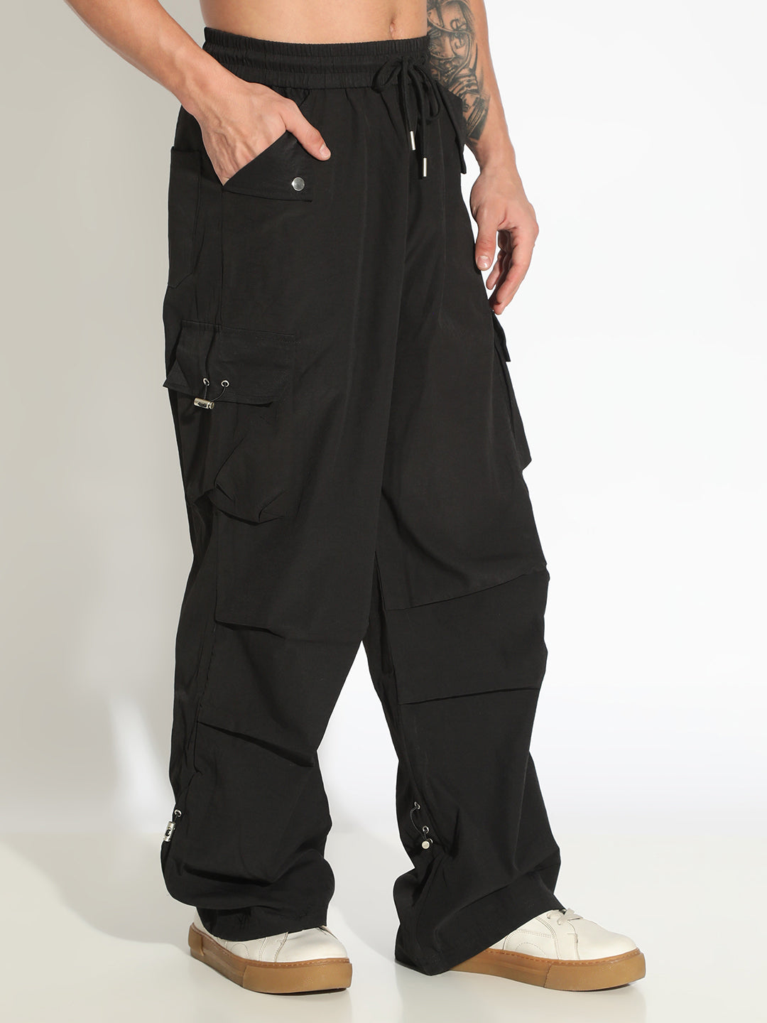 Men's Black Parachute Trousers with Cargo Pockets