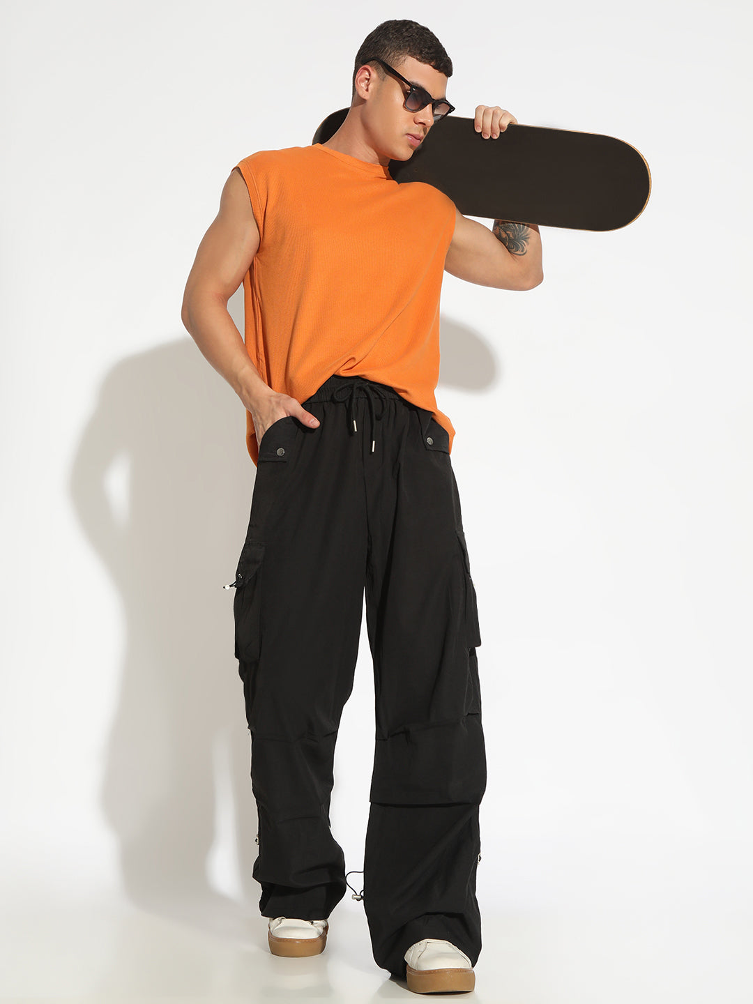 Men's Black Parachute Trousers with Cargo Pockets