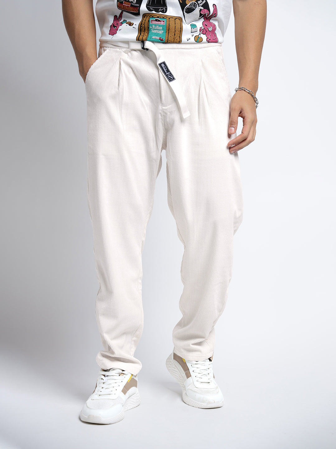 Men's Corduroy Off White Regular Fit Trousers with Adjustable Belt