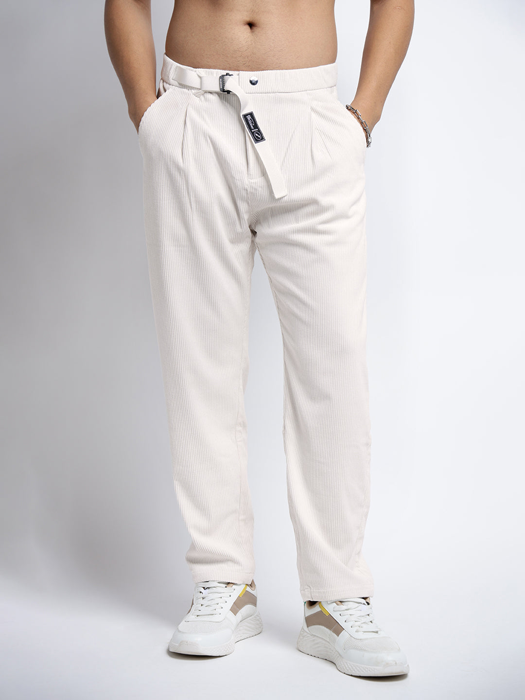 Men's Corduroy Off White Regular Fit Trousers with Adjustable Belt