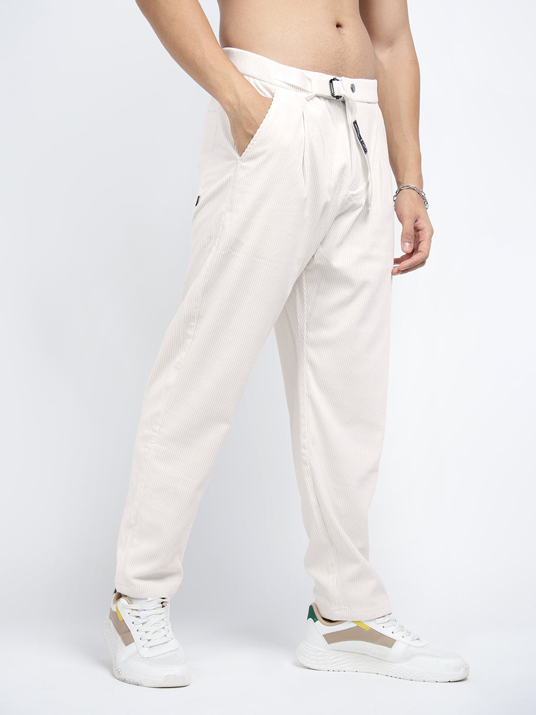 Men's Corduroy Off White Regular Fit Trousers with Adjustable Belt